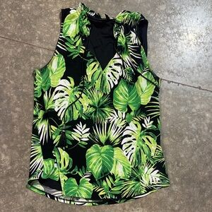 White House Black Market Green Leaf Print Blouse Medium